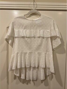 LOVE Binetti White Swiss Dot Ruffle Blouse Top High Low Flutter Sleeve Size S